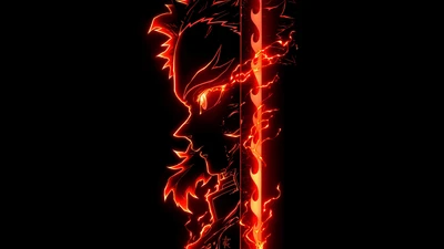 Kyojuro Rengoku in feuriger Silhouette vor schwarzem Hintergrund, der das Wesen von "Demon Slayer: Kimetsu no Yaiba" einfängt.