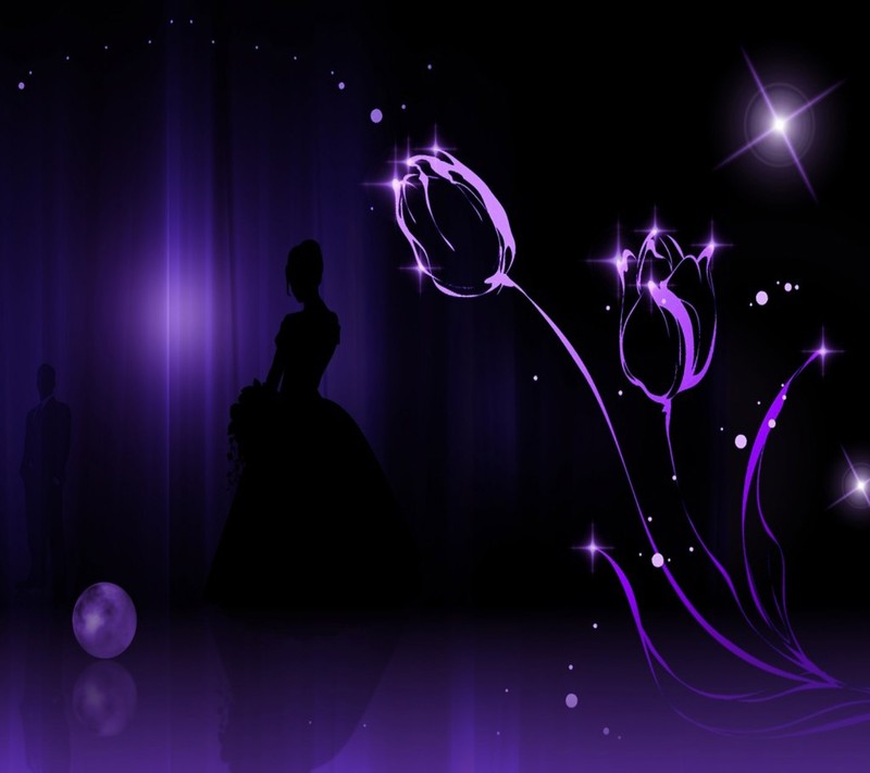 Purple and black background with a silhouette of a woman in a dress (abstract, flower)