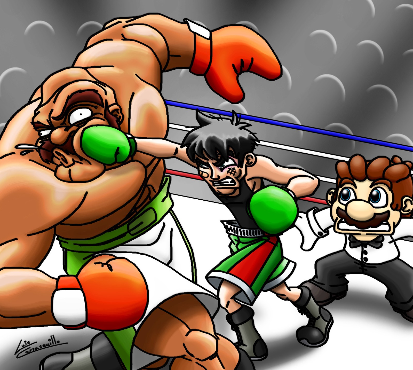 Karikatur eines mannes im boxring mit einem schlag (boxen, little mac, punch out, punchout)