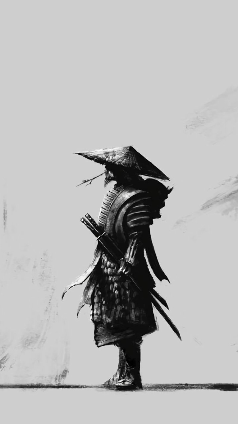 Uma foto em preto e branco de um homem em um traje de samurai (arte, desenho)