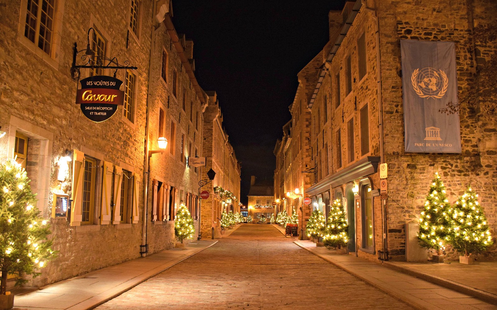 Eine belebte straße mit weihnachtslichtern und bäumen in der mitte (québec, weihnachtstag, montreal, nacht, straße)