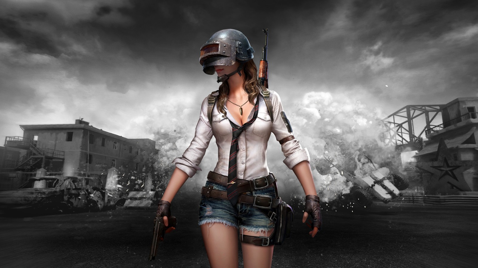 A woman in a white shirt and blue shorts holding a gun (pubg, playerunknowns battlegrounds, video game, girl)