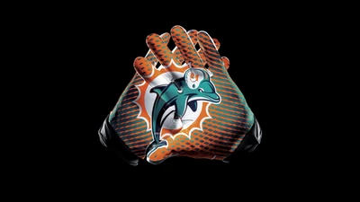 Guantes de fútbol de los Miami Dolphins con el logo del equipo sobre fondo negro