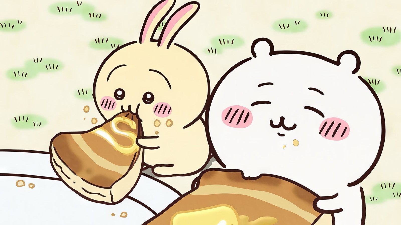 Hay un dibujo animado de un conejo comiendo un trozo de pastel (usagi, nanka chiisakute kawaii yatsu, dibujo animado lindo, adorable, fondo rosa claro)