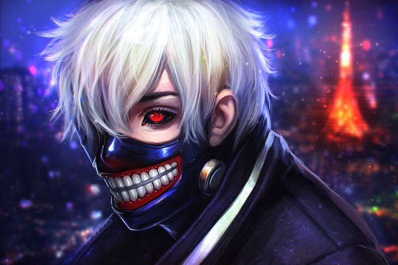 Крупный план человека в маске на фоне города (токийский гуль, tokyo ghoul, аниме, anime, упырь)