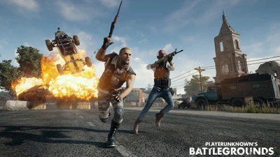 Intense Action Scene in PUBG: Players Evade Explosions and Pursue Victory