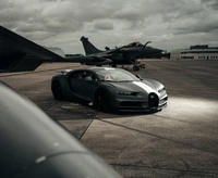 Bugatti Chiron Sport Les Légendes du Ciel Beside Dassault Rafale on Airfield