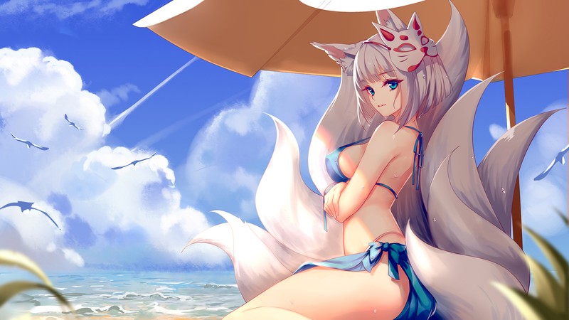 Аниме-девушка сидит на пляже под зонтом (аниме девочки, азур лейн, azur lane, видеоигра, кага)