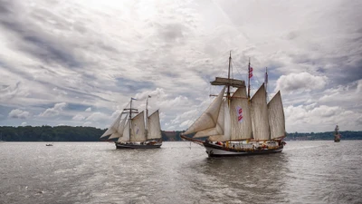 Les voiliers glissent gracieusement sur des eaux calmes sous un ciel dramatique, mettant en valeur la beauté de l'artisanat maritime traditionnel.