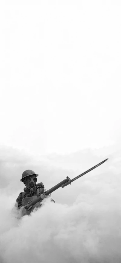 Soldat en masque à gaz, émergeant des nuages avec une arme prête