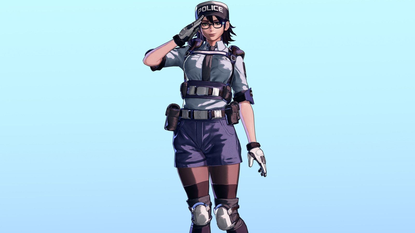 A close up of a person in a uniform holding a gun (astral chain, video game, marie wentz)