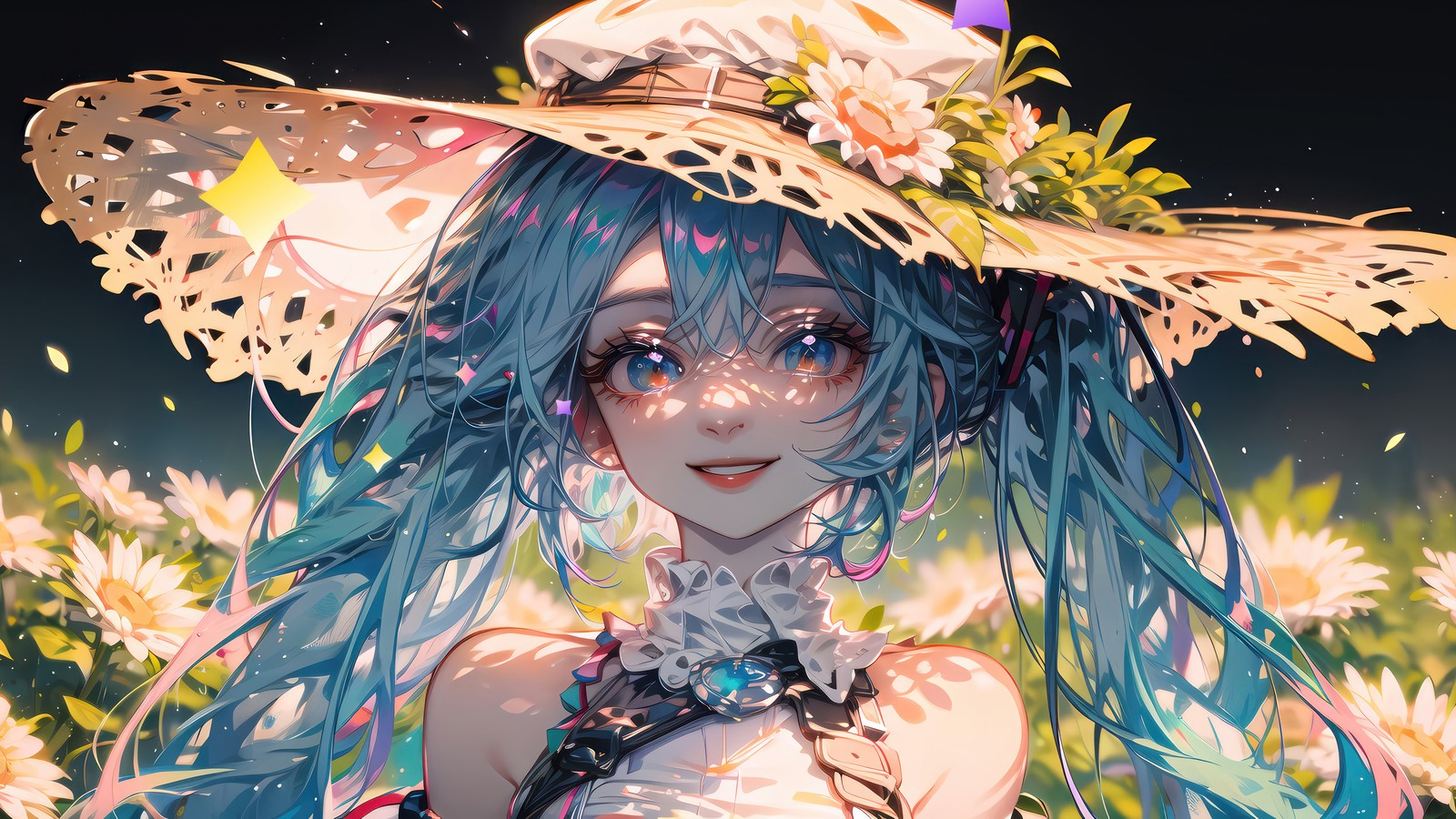 A close up of a woman wearing a hat and dress (cute, anime girls, smiling, smile, hatsune miku)