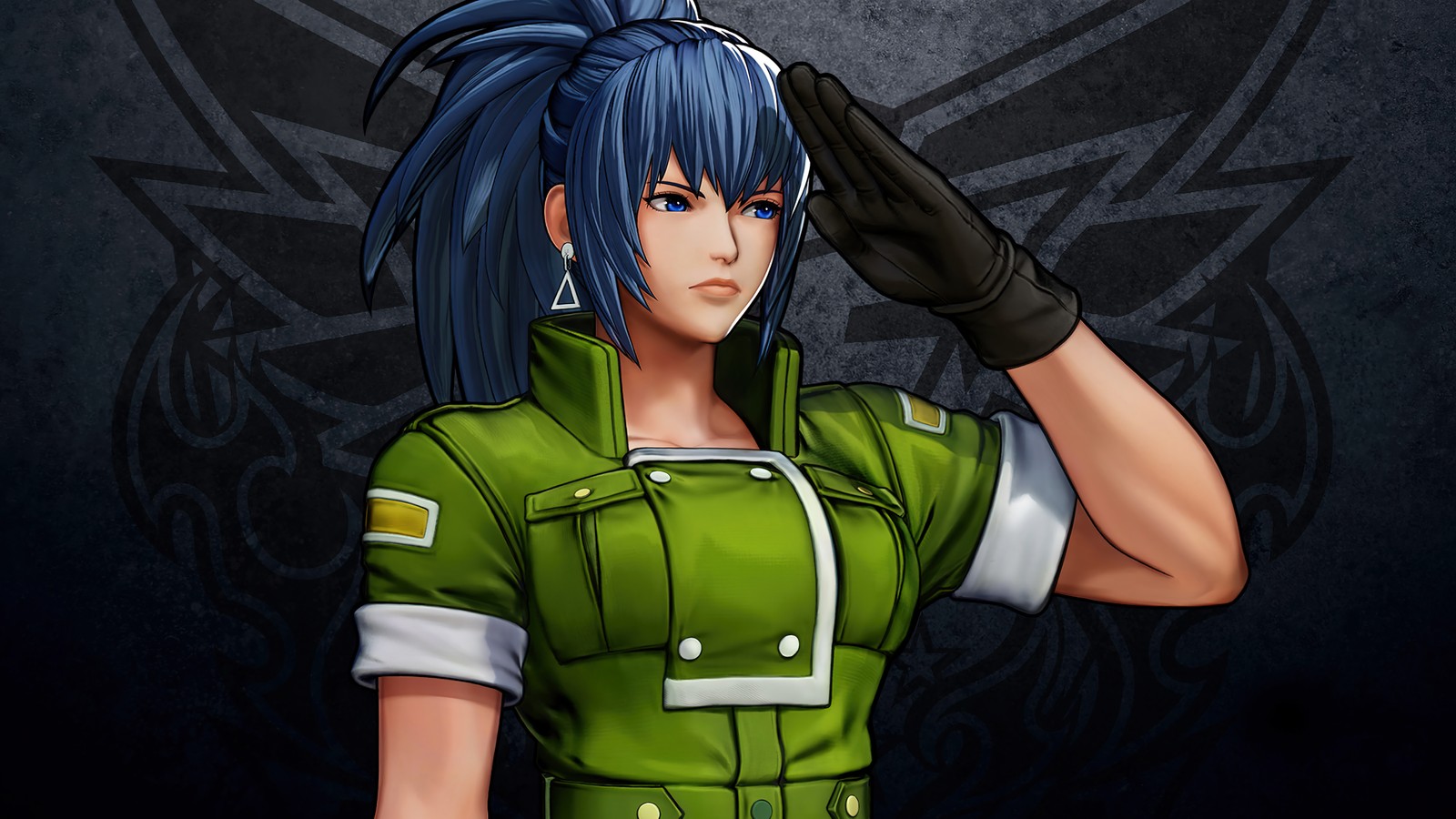 Un primer plano de una persona con uniforme verde con fondo negro (the king of fighters xv, kof 15, videojuego, leona heidern)