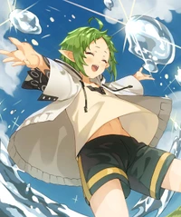 Joyful anime character with green hair, playfully surrounded by bubbles against a bright blue sky.