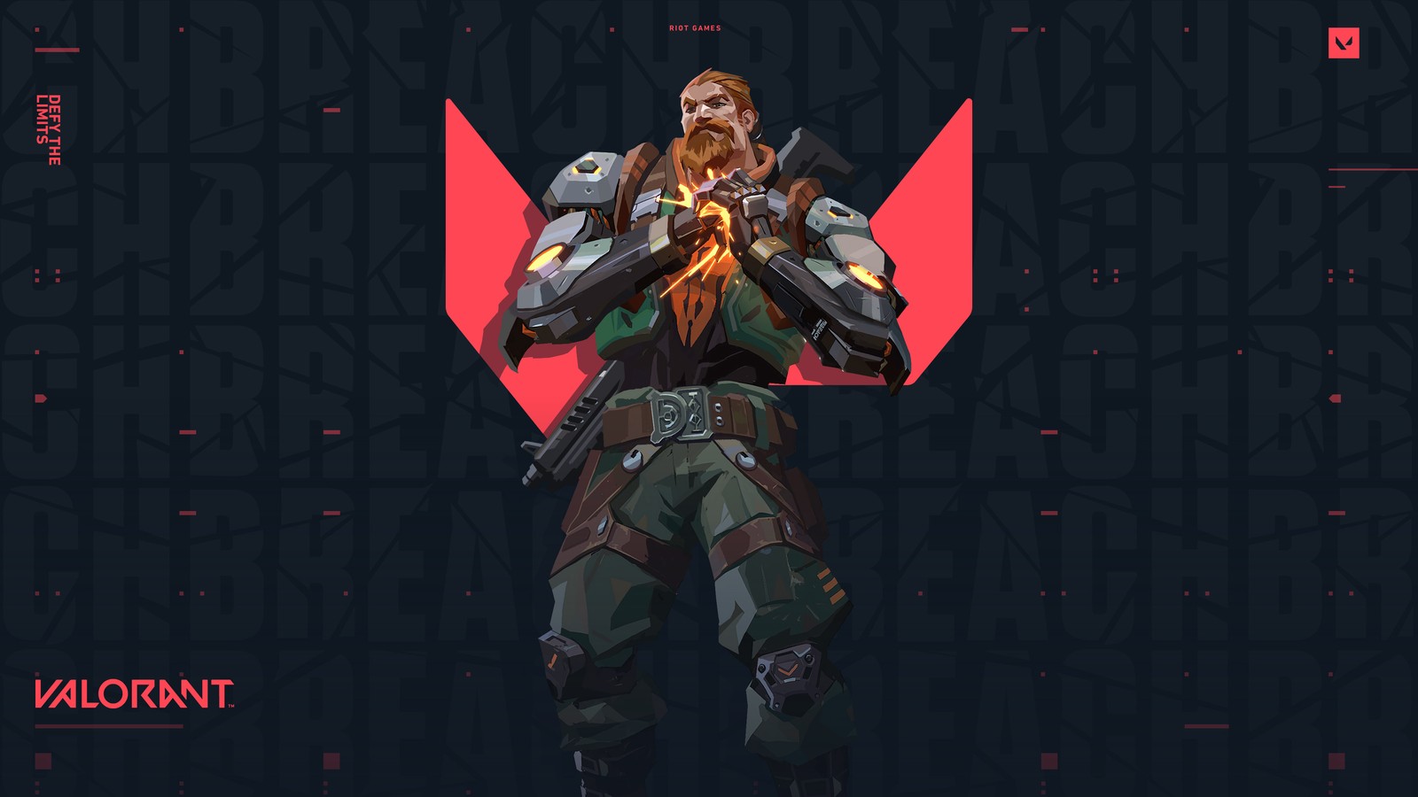 A man in armor holding a sword and standing in front of a red background (breach, valorant, video game)