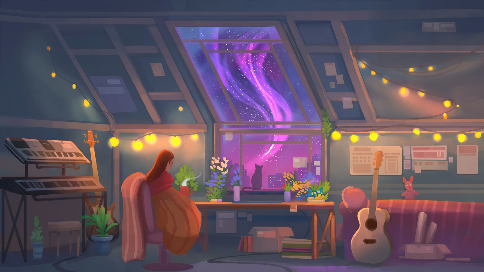 Um quarto de desenho animado com uma guitarra, um piano e uma janela (arte digital, relaxar, relaxante, noite, café)