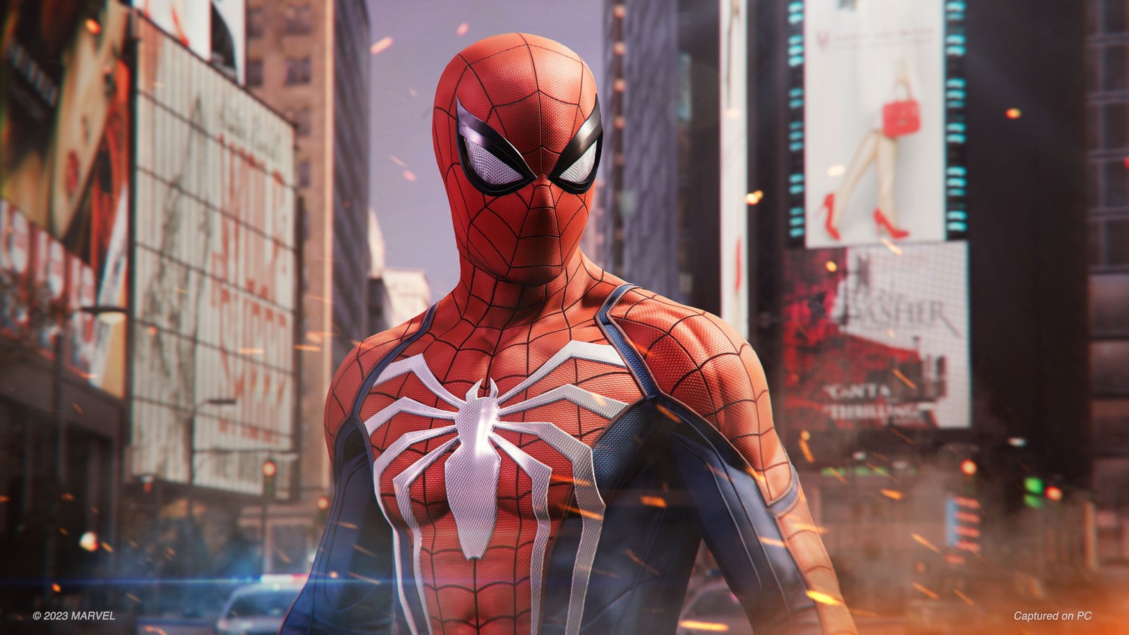 Spider-man dans une ville avec un arrière-plan urbain (peter parker, marvel spider man 2, marvels spider man 2, jeux 2023, costume avancé)