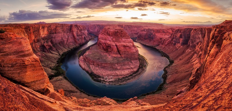 Закат в каньоне хорсшу, аризона, сша (изгиб лошадиная подкова, horseshoe bend, гранд каньон, grand canyon, форма)