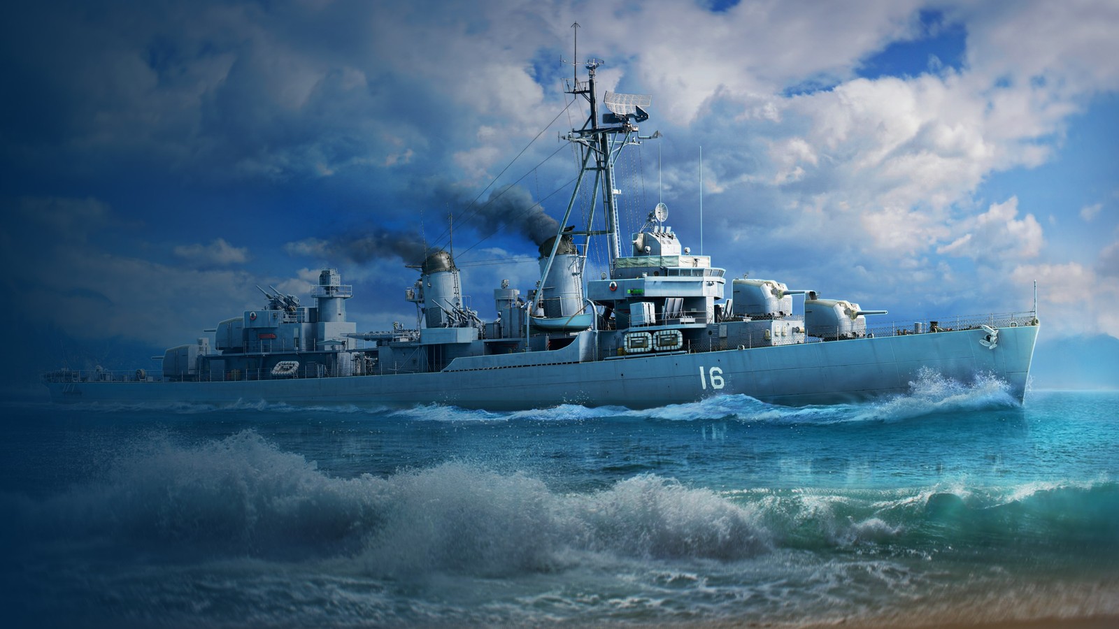 Arafed ship in the ocean with a lot of smoke coming out of it (world of warships legends, game poster, video game, multiplayer game, games)