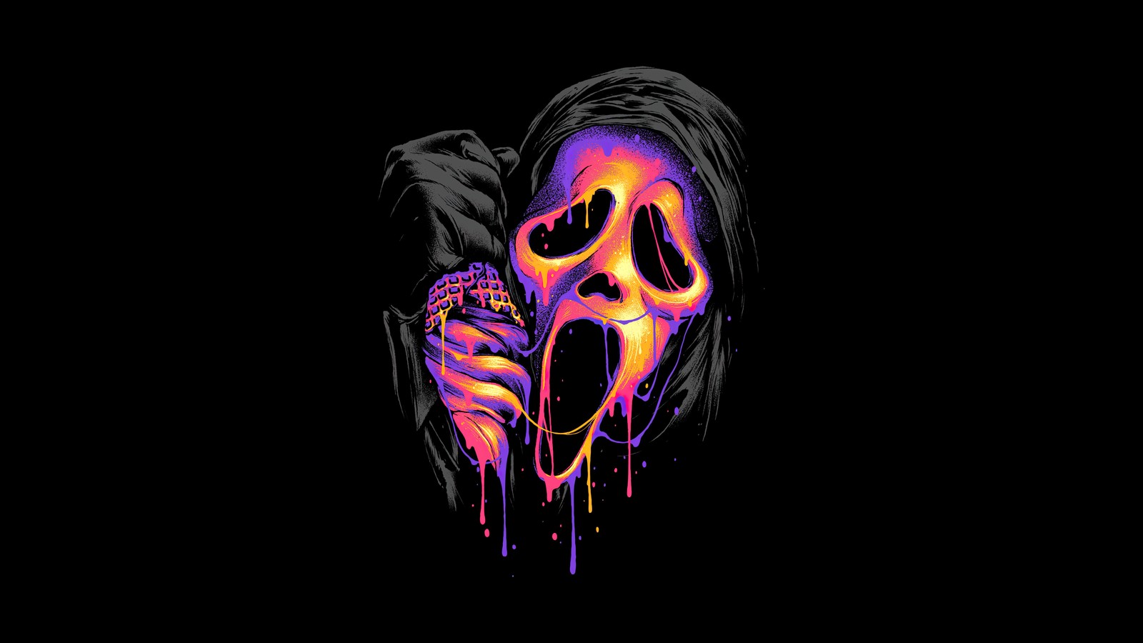 Un primer plano de una persona sosteniendo una dona con una cara de grito (ghostface, amoled, 5k, 8k, grito)