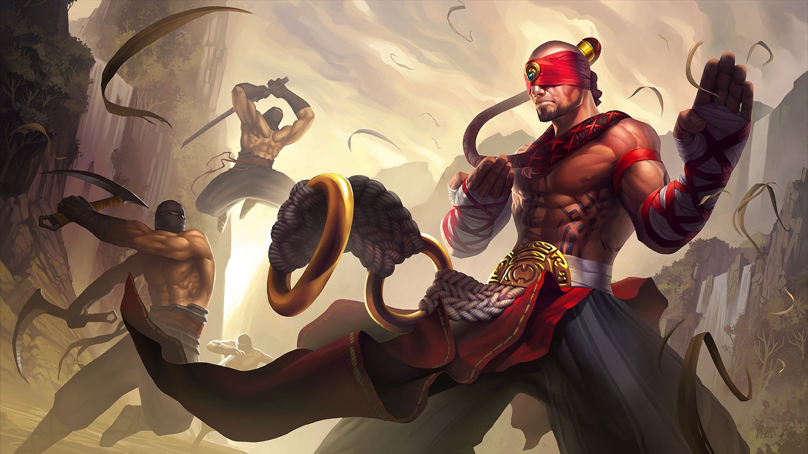 Крупный план мужчины с мечом и мечом в руке (ли син, lee sin, lol, league of legends, видеоигра)