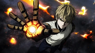 Genos from One Punch Man unleashes his powerful abilities with a glowing mechanical hand amidst a dramatic backdrop.