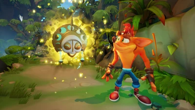 Crash Bandicoot em uma selva vibrante, interagindo com uma criatura brilhante em "Crash Bandicoot 4: É Hora".