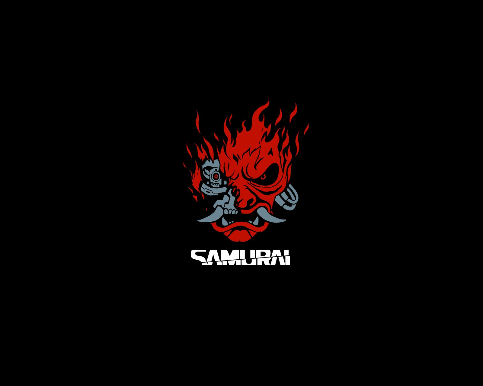 Un primer plano de la cara de un demonio rojo sobre un fondo negro (samurái, cyberpunk 2077, 10k, amoled, logotipo)