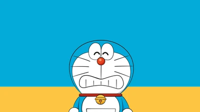 A expressão engraçada de Doraemon contra um fundo minimalista