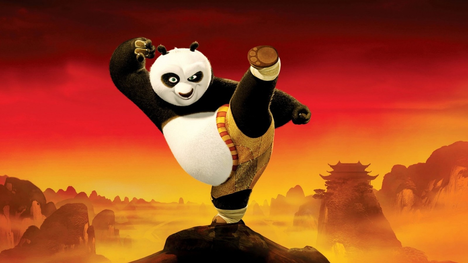 A close up of a panda bear doing a kick on a rock (kung fu panda, animated cartoon, kung fu, bear, animation)