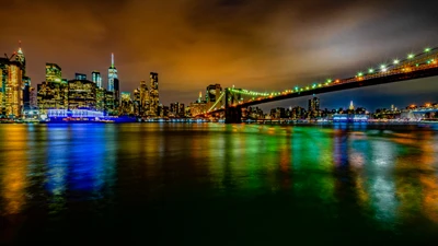 brooklyn brücke, new york, stadtbild, stadtlichter, nachtzeit