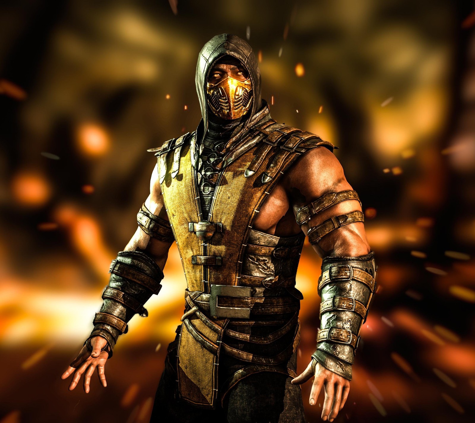 Gros plan d'une personne en costume de scorpion avec une épée (action, fantaisie, mortal kombat, guerrier)