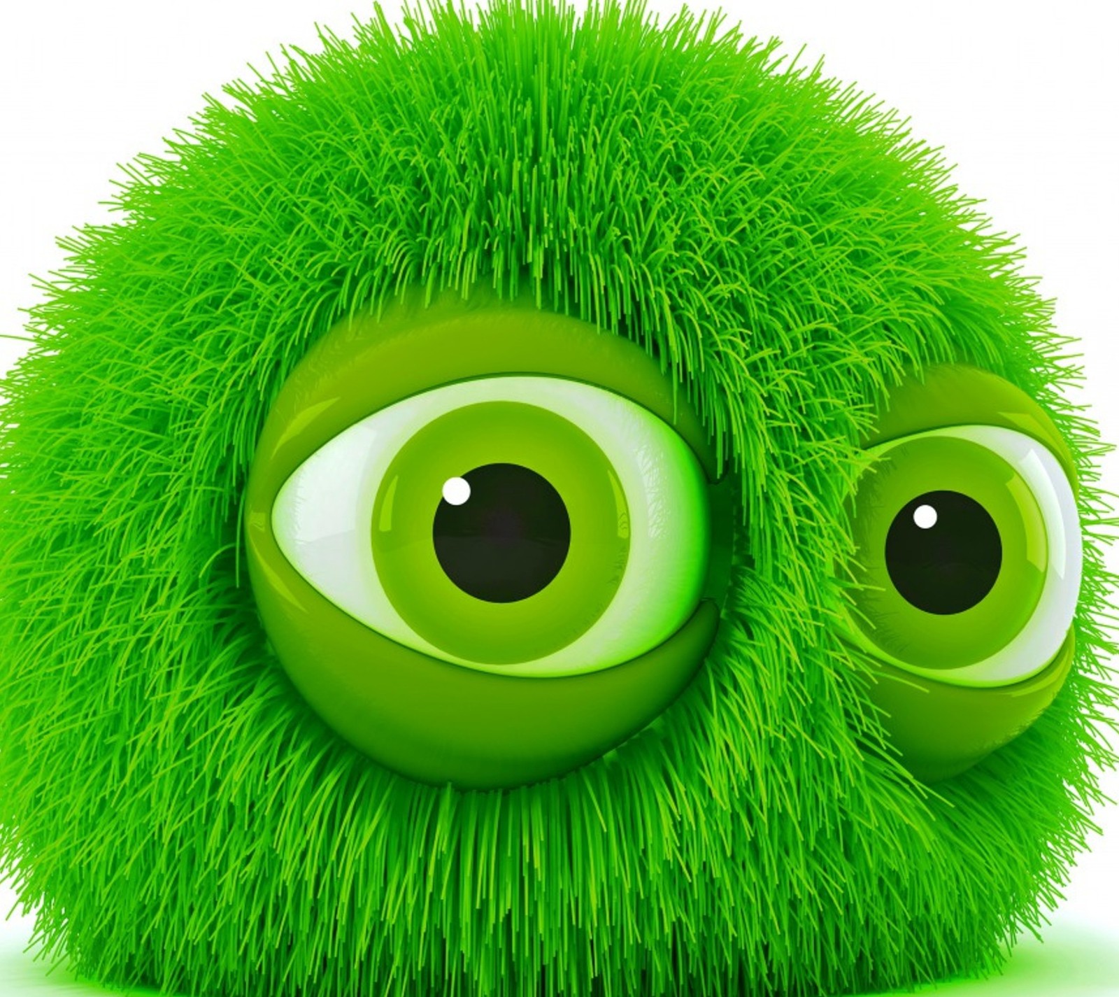 A green ball with two eyes and a green grass ball (face, green, monster)