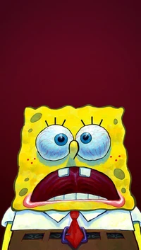 SpongeBob SquarePants avec une expression choquée sur un fond sombre.