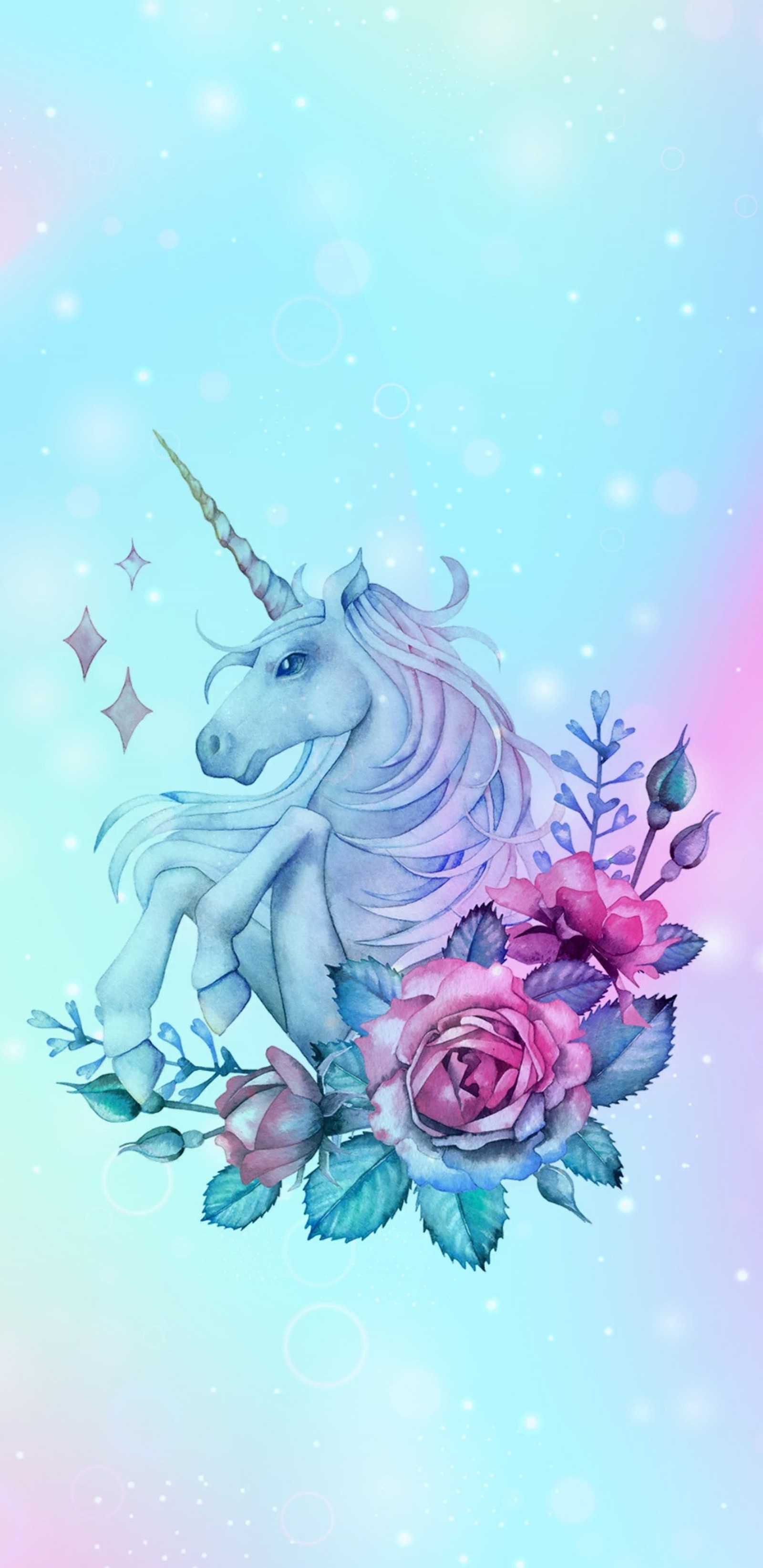 Une licorne avec des fleurs et des étoiles sur un fond pastel (floral, fleur, fillette, pastel, joli)