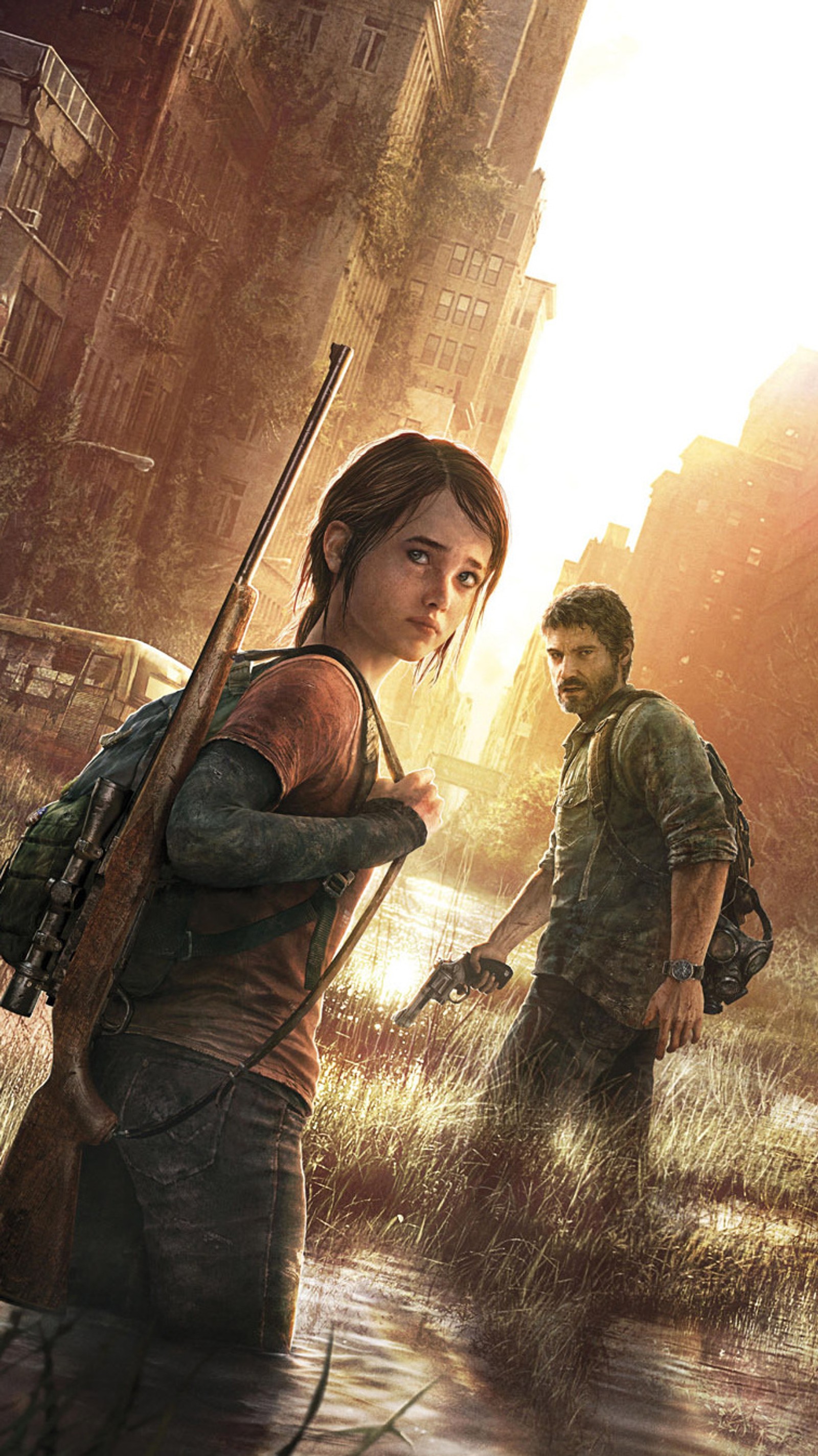 Arafed image of a woman and a man walking through a city (ellie, joel, the last of us)