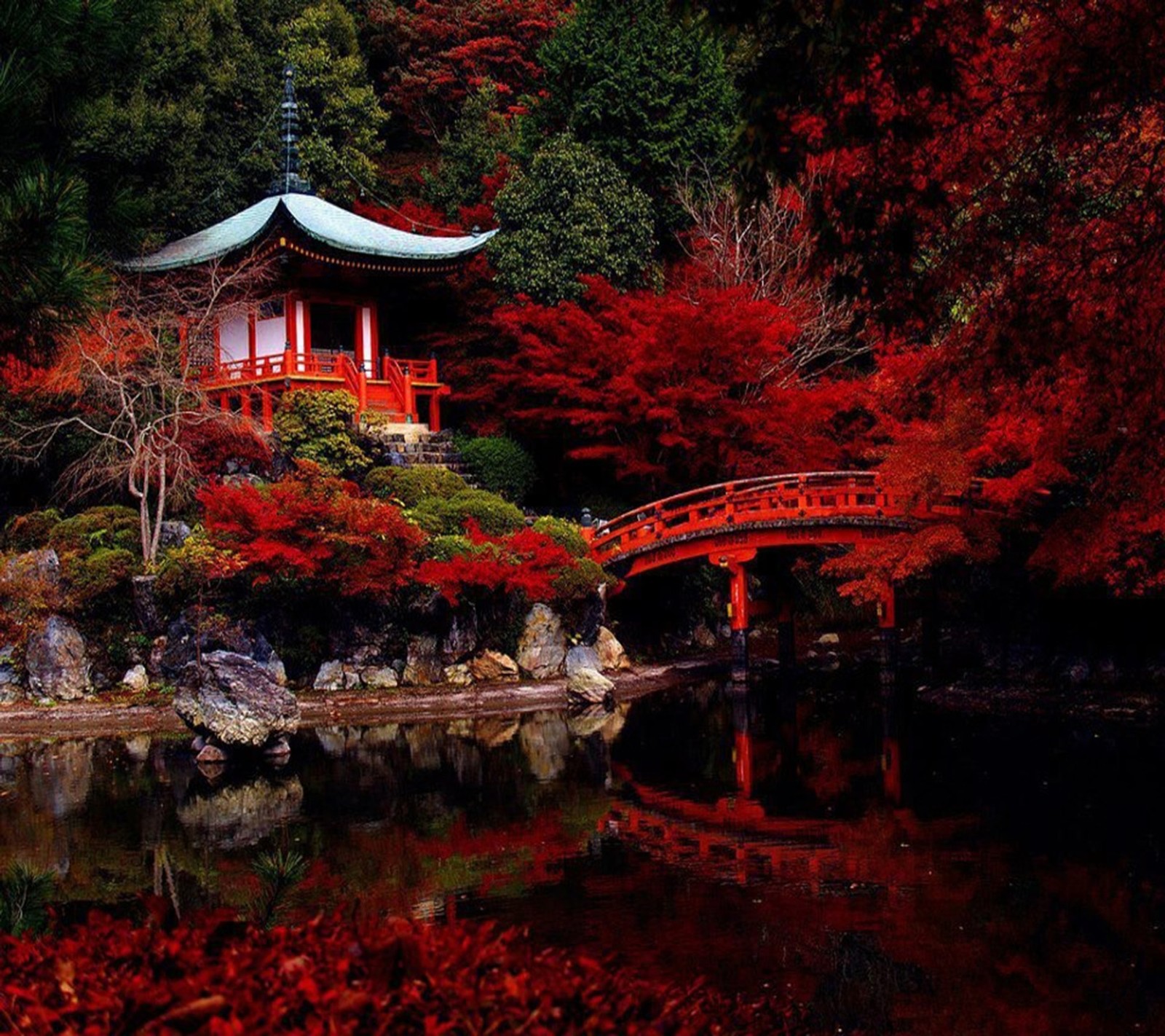 Una vista aérea de una pagoda roja y un puente en un bosque (hermosa vista, vista genial, naturaleza, nuevo)