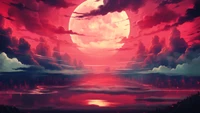 red, sky, moon, digital art wallpaper