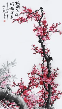 Blossoming Cherry Branches in Traditional Chinese Ink Painting