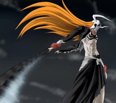 Ichigo Kurosaki como Vasto Lorde, empunhando sua espada com cabelos laranja marcantes e uma poderosa presença Hollow.