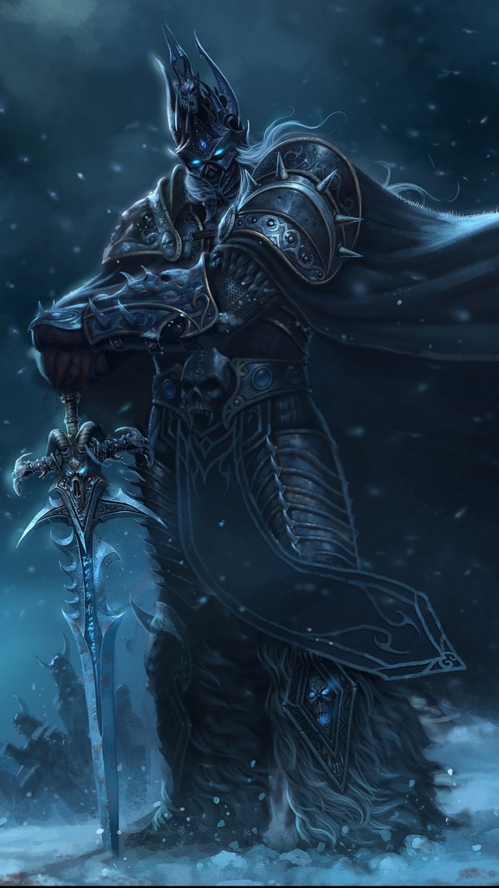 Un primer plano de una persona sosteniendo una espada en la nieve (rey lich, world of warcraft)