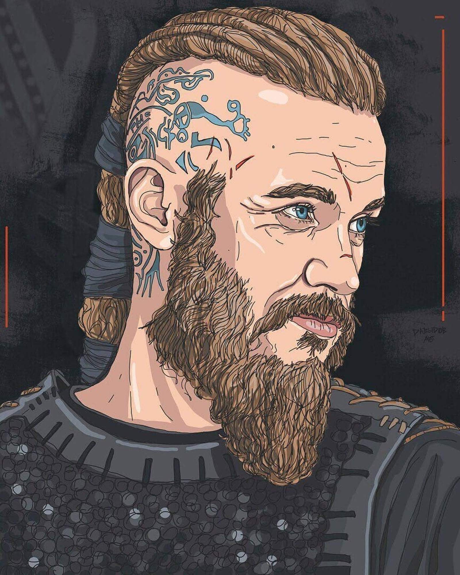 Un dibujo de un hombre con barba y un tatuaje en la cabeza (ragnar, ragnar lothbrok, ragnarlothbrok, travis fimmel, travisfimmel)