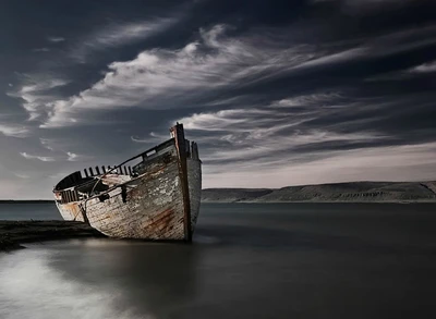 plage, canoë, ruine, mer