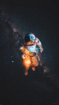 Um astronauta flutuando sozinho no cosmos, abraçando a luz do universo