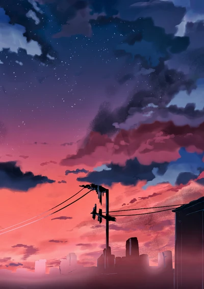 Atardecer inspirado en anime sobre un paisaje urbano