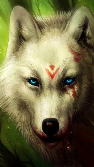 Lobo branco majestoso com marcas de sangue e olhos azuis impressionantes