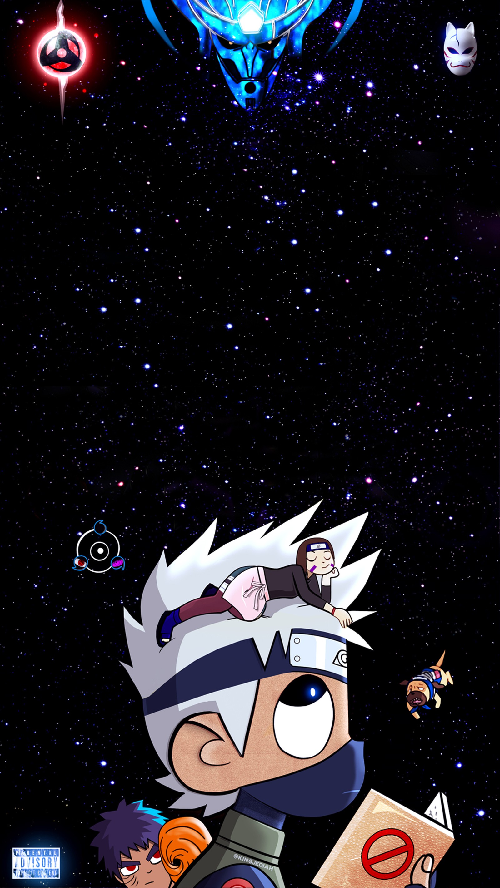 Personaje de dibujos animados con un fondo espacial y una estrella de fondo (anime, kakashi)