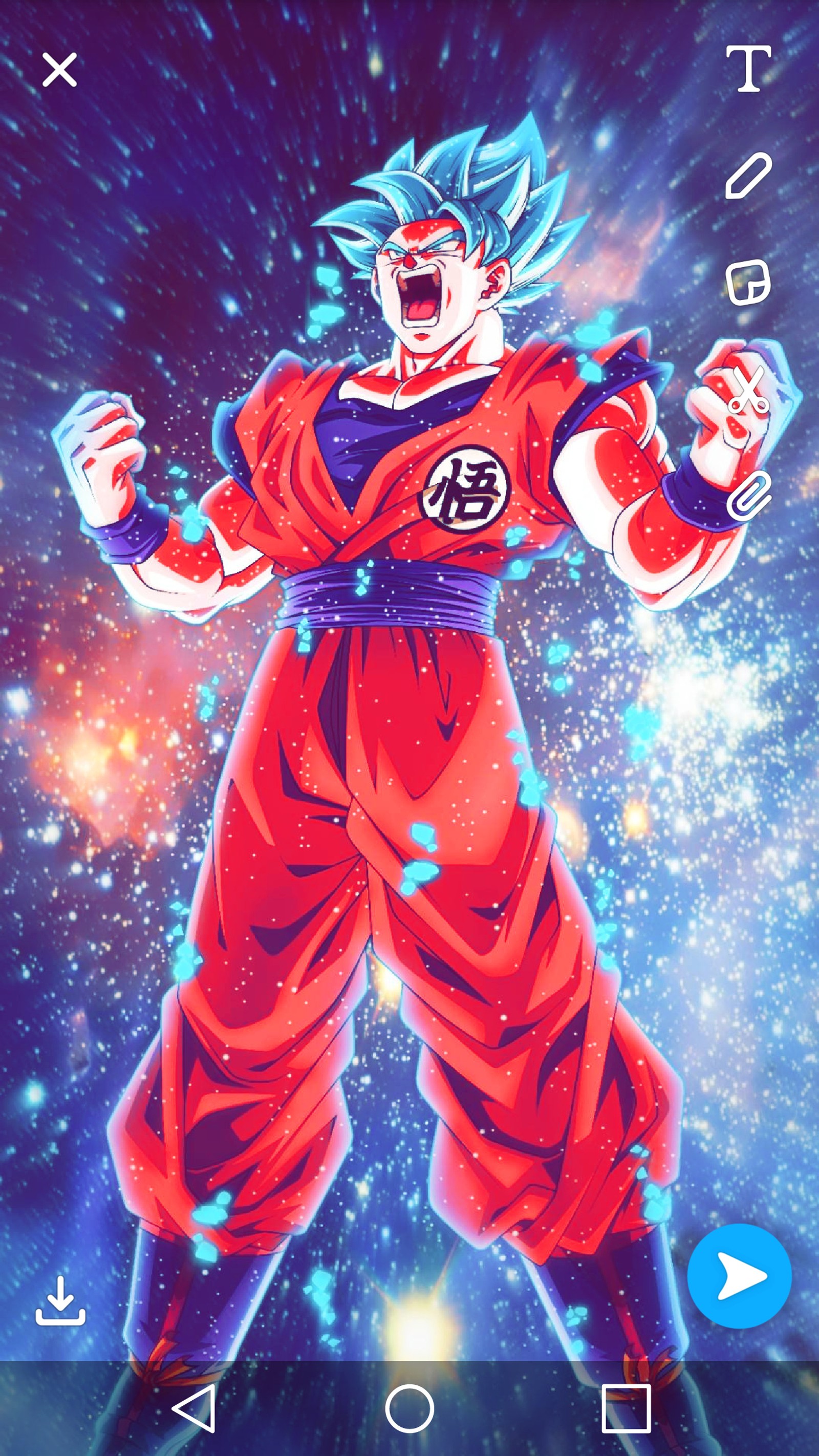 Un primer plano de un teléfono celular con un personaje de dragon ball en él (goku, goku azul, goku blue, super sayian blue, super sayian blue goku)