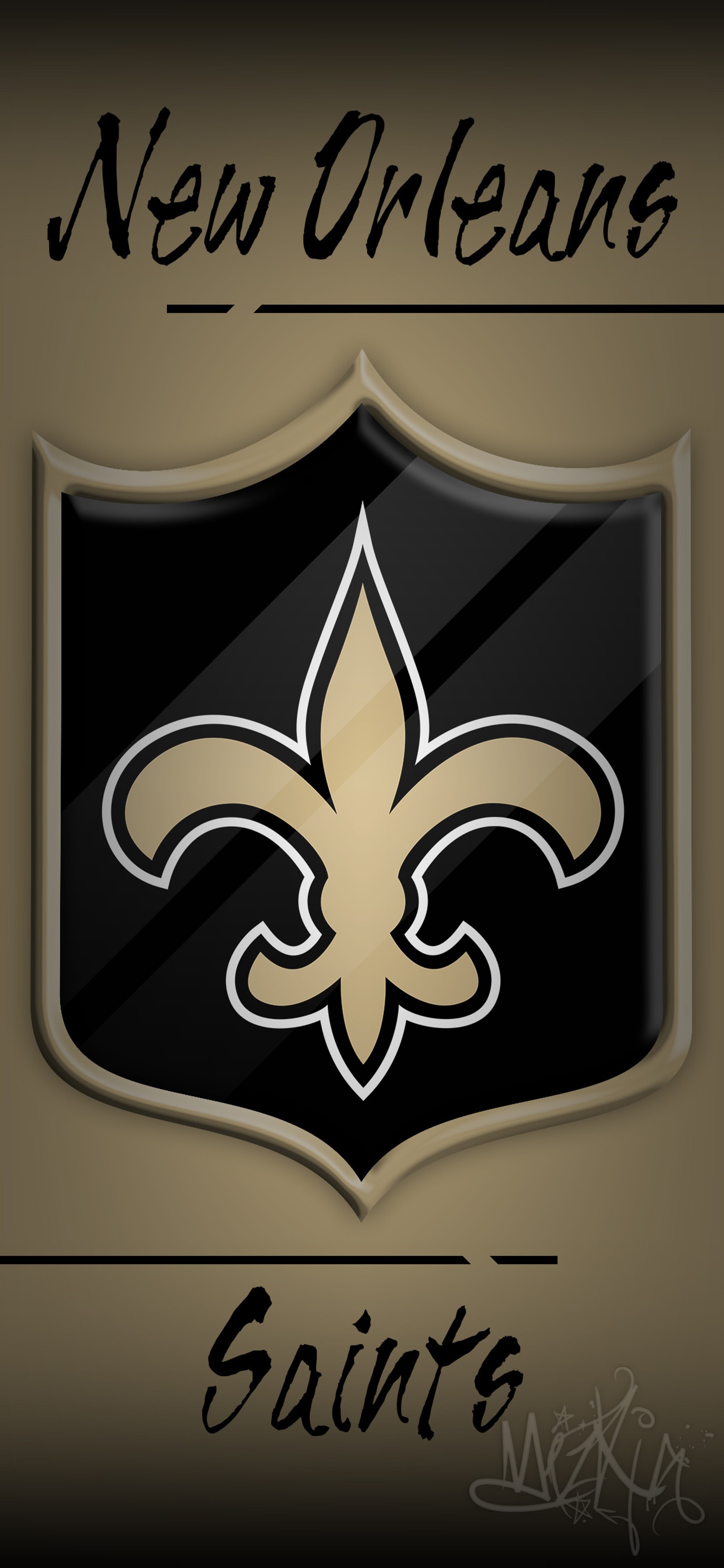 Un gros plan du logo des new orleans saints sur un bouclier (noir, drew brees, or, mizkjg, la nouvelle orléans)