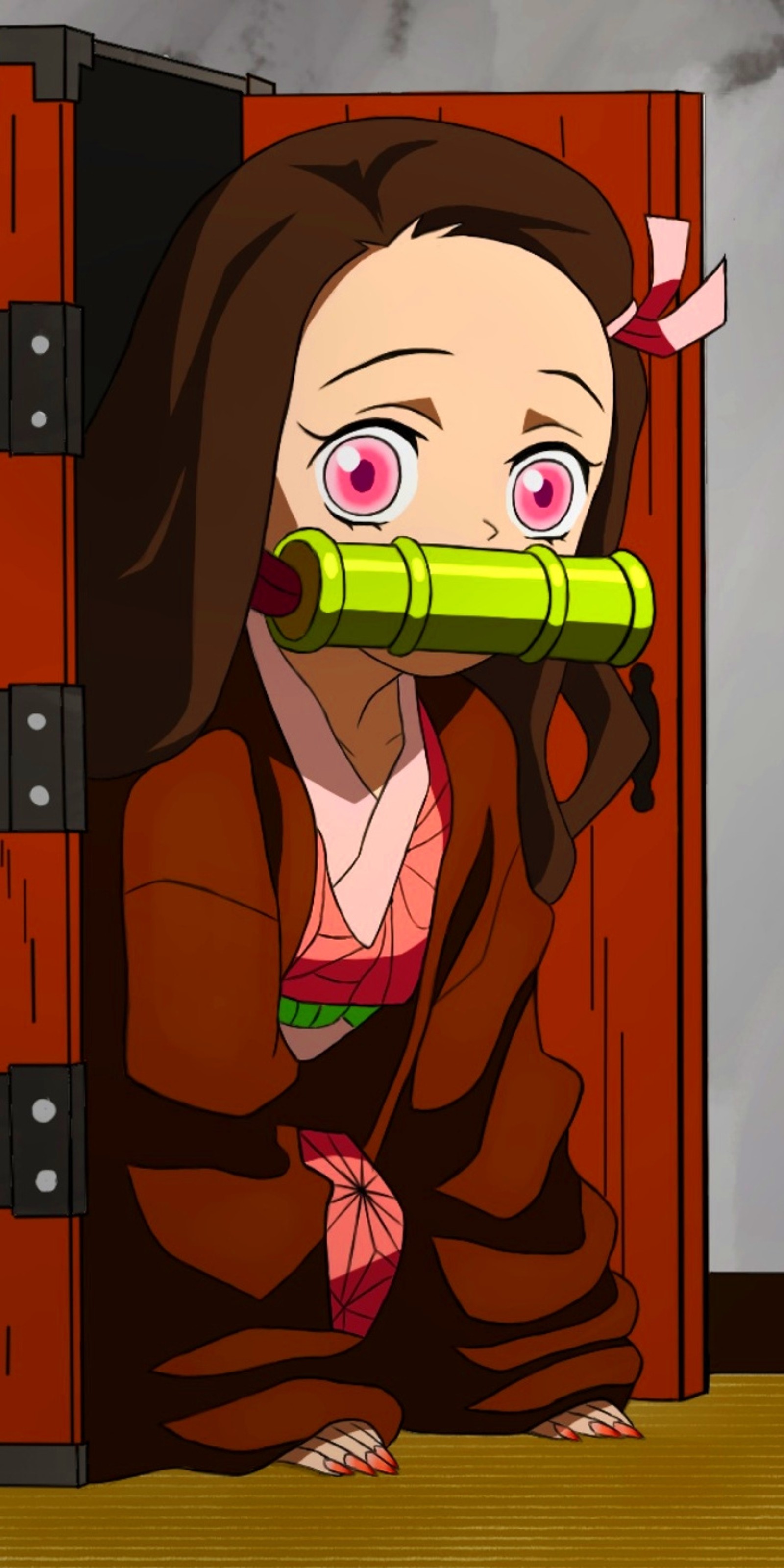 Fille anime avec un objet vert dans la bouche (anime, demon slayer, kimetsu no yaiba, nezuko, doux)